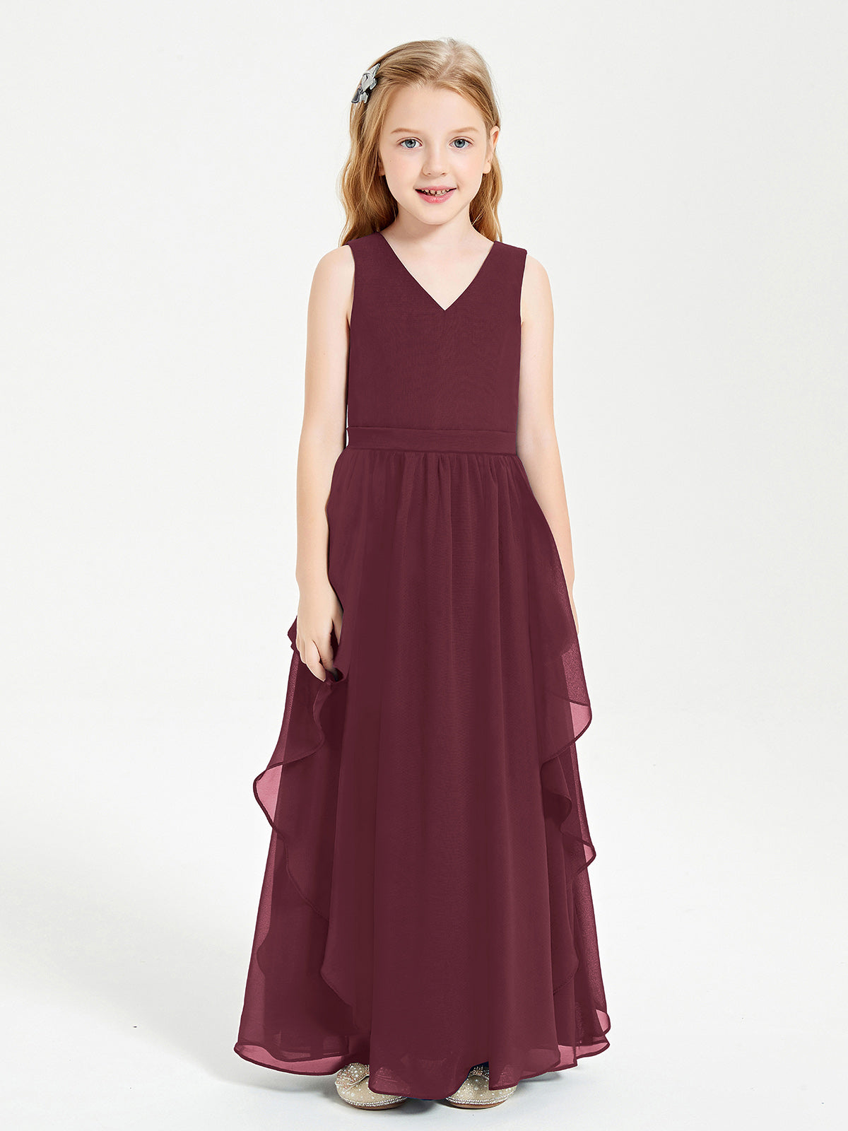 Boho Sleeveless Junior Chiffon Bridesmaids Gown Cabernet